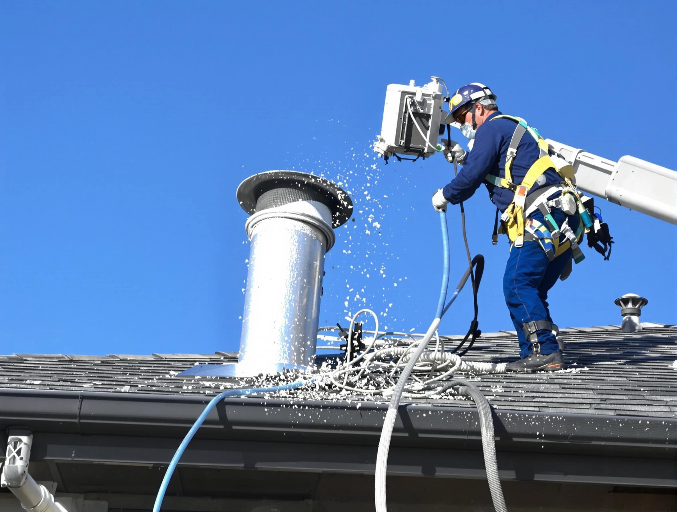 Loveland Dryer Vent Cleaning certified technician safely cleaning a roof-mounted dryer vent in Loveland