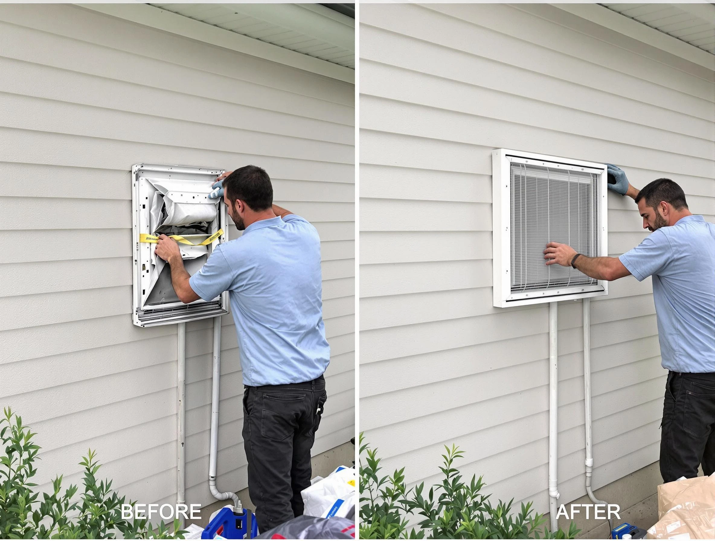 Loveland Dryer Vent Cleaning technician installing high-quality dryer vent cover at a residential property in Loveland